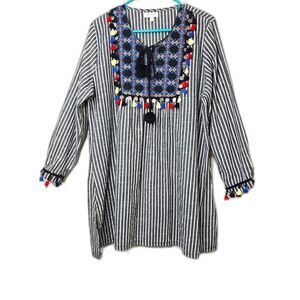 Velzera Embroidered Boho Tunic Top Tassel Detail Black White 1XL Coins Boho